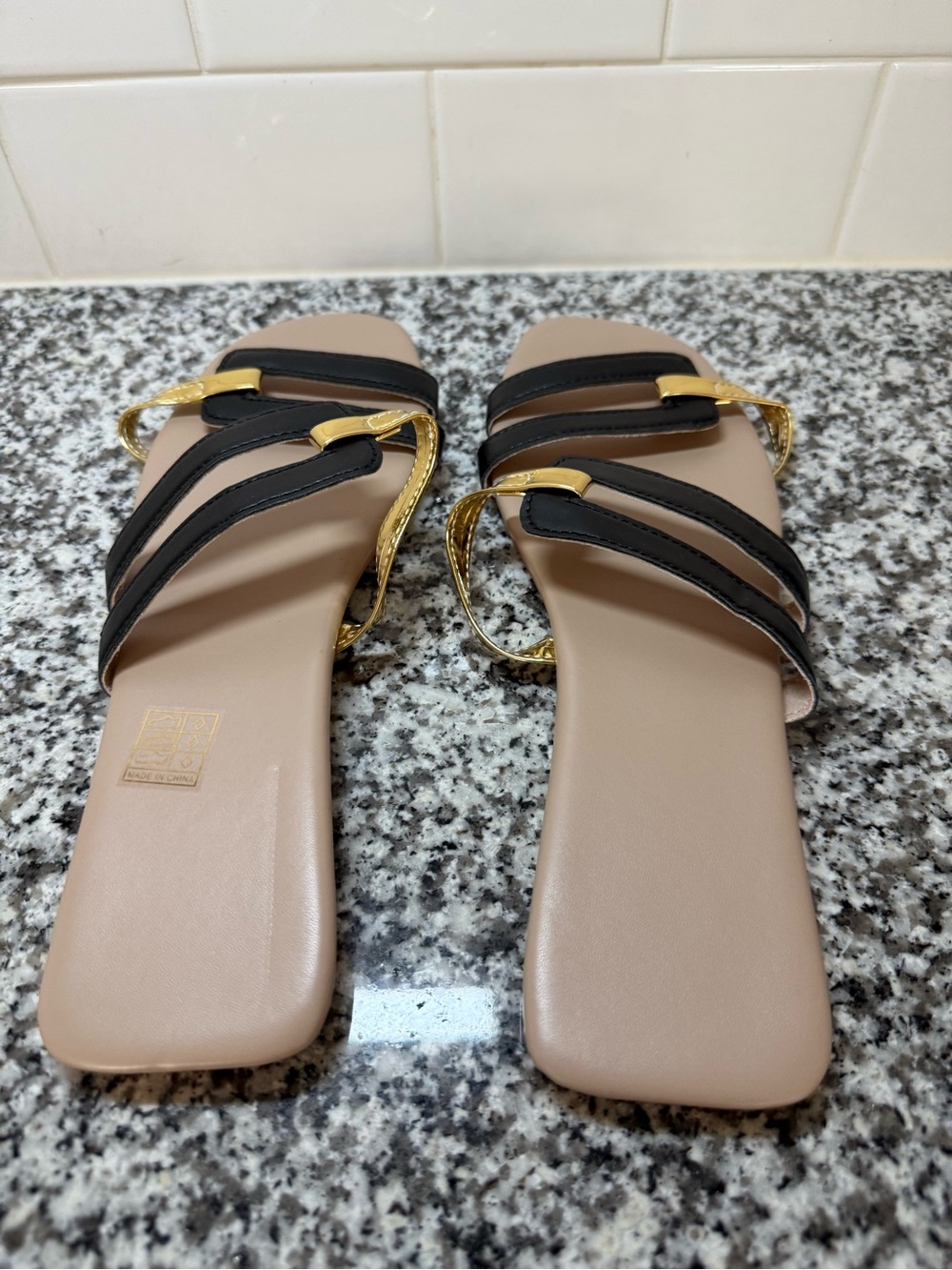 Women’s Black Strap Slide Sandals with Gold Accents